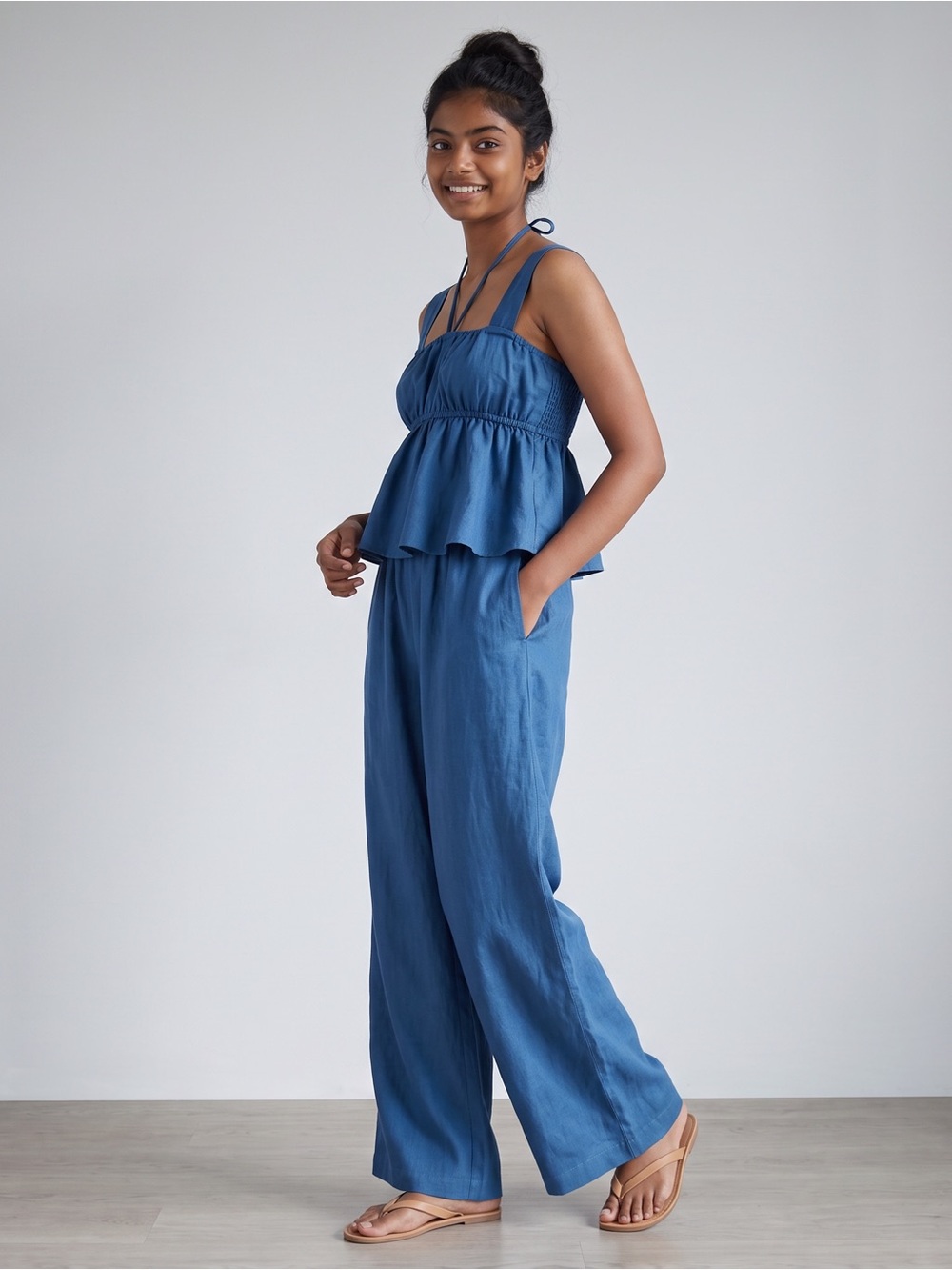 Women’s Wide-Leg Blue Peplum Top & Pants Jumpsuit Size-L NEW